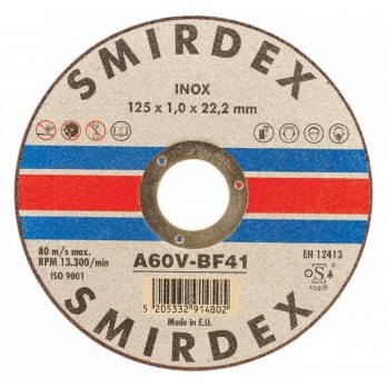Nerūdijančio plieno pjovimo diskas SMIRDEX 914 Inox, A60V-BF41, 115x1.0x22,23 mm